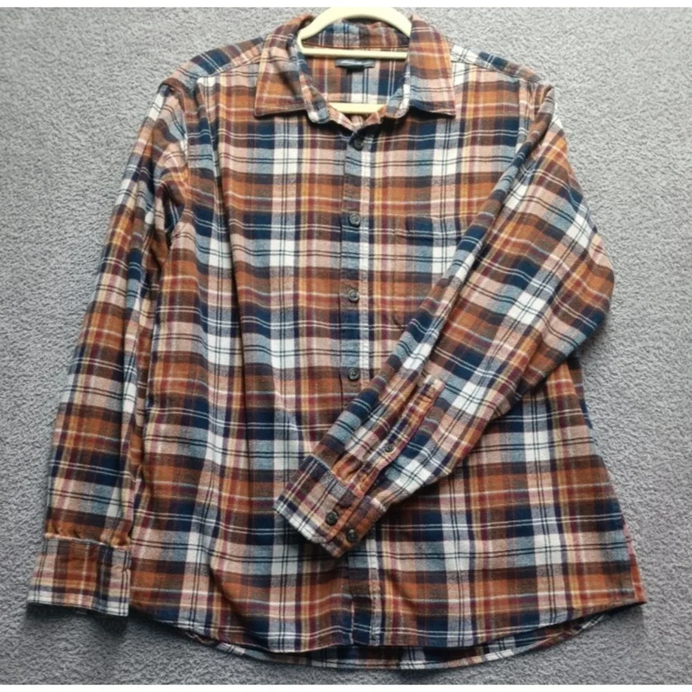 Eddie Bauer Plaid Flannel Shirt‎ Men's L Brown Long Sleeve Button Front